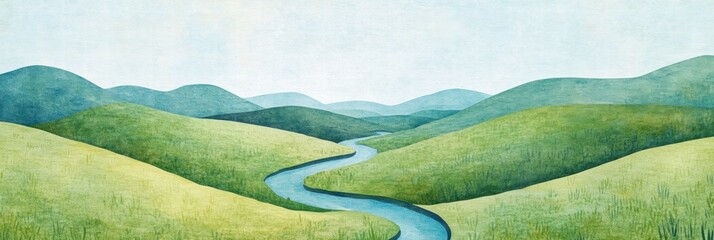 Leinwandbilder - Elegant rolling hills with a winding river and serene colors creating a peaceful landscape for creative projects. Generative AI