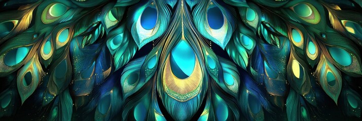 Poster - Elegant pattern of overlapping peacock feathers with vibrant colors and space for additional text or design elements. Generative AI