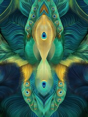 Poster - Overlapping peacock feathers create a vivid and striking background with ample space for adding text. Generative AI
