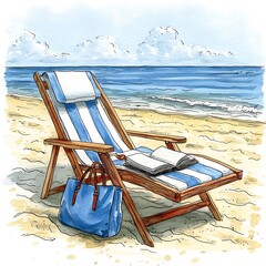 Poster - Watercolor illustration of a relaxing beach scene with a deck chair, book, and handbag.