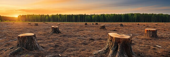 Poster - Deforested landscape with exposed tree stumps during sunset in a clearing surrounded by dense forest. Generative AI