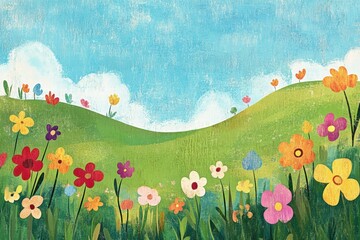 Aufkleber - Colorful naive art style landscape with blooming flowers and bright blue sky inviting creativity and imagination. Generative AI