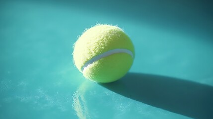 Wall Mural - Single tennis ball on clean and vibrant blue court