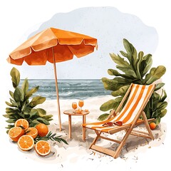 Wall Mural - Idyllic Beach Scene Relaxing in a Striped Deck Chair Under an Orange Umbrella with Refreshing Drinks and Oranges.