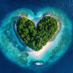 Wall Mural - Heart-shaped tropical island with white sand beach and boat.