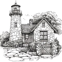 Wall Mural - Architectural Sketch of a Stone Lighthouse Keeper's Cottage with a Flagstone Path.