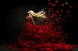 © grape_vein - Elegant woman in flowing red dress with petals dancing around in a dramatic display