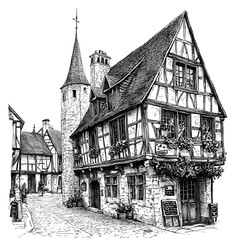 Wall Mural - A Pen-and-Ink Sketch of a Quaint Half-Timbered House on a Cobblestone Street in a Medieval European Town.