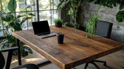 Wall Mural - Modern wooden desk with laptop, plants, and coffee cup in bright office.