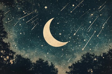 Wall Mural - a dreamy night sky with a paper - cut crescent moon and shooting stars