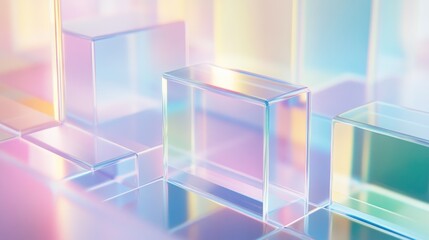Wall Mural - pastel iridescent glass cubes on reflective surface.