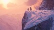 © bulegendut - Two penguins stand on a snowy cliff, overlooking a breathtaking mountain landscape at sunset.