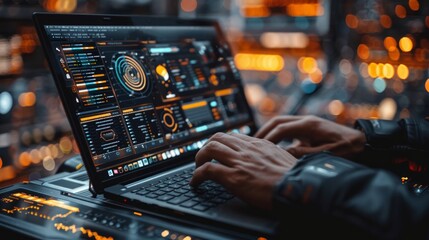 Close-up of hands typing on a laptop with a futuristic interface and blurred background lights. AI generative. .