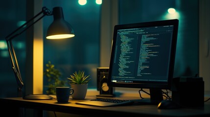 Night programmer workspace with desk lamp illuminating code on computer screen.