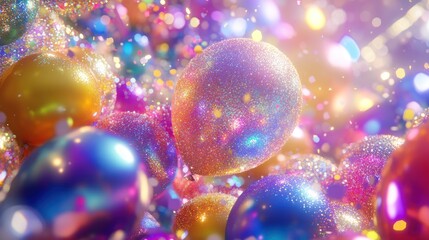 Glittery balloons and confetti in vibrant colors.