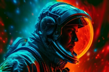 Wall Mural - an astronaut in a blue and silver helmet against a red and blue nebula background. ai generative. .