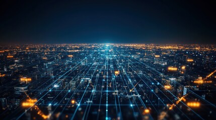 Futuristic cityscape at night with glowing network lines connecting buildings.