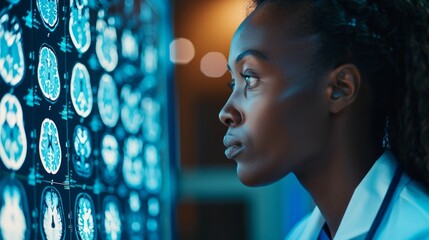 Wall Mural - An African medical woman in professional attire intently analyzing the x-ray results of a brain, displayed on a bright, AI Generative