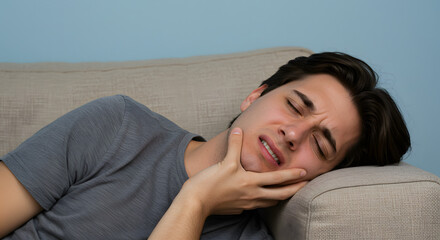 A young man grimaces in pain while resting on a couch, holding his face.