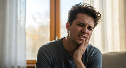 A young man grimaces in pain, holding his jaw, suggesting dental discomfort or distress.