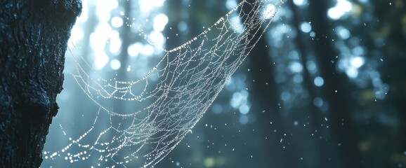 Dew-kissed spiderweb glistening in a sunlit forest, intricate details visible.