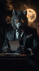 Sticker - A wolf in a suit reviews documents. AI.