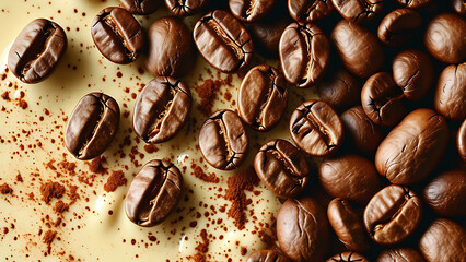 Wall Mural - Close up of roasted coffee beans scattered on creamy coffee crema.  Rich, aromatic coffee texture background.