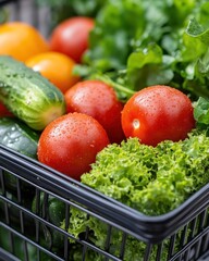 Wall Mural - Fresh tomatoes, cucumbers, and lettuce in a black basket.