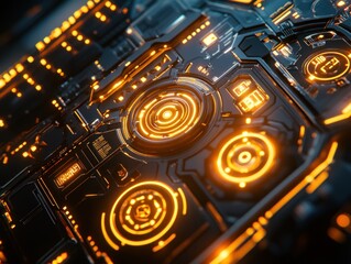 Aufkleber - Futuristic orange and black technology panel with glowing circuits and buttons.