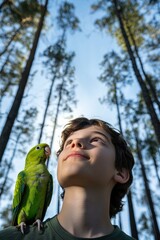 A boy with a bird on his shoulder. AI.