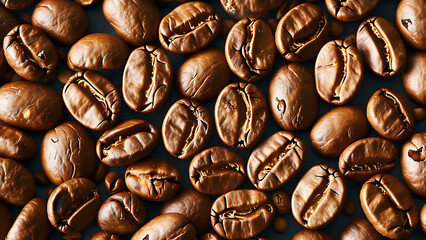 Wall Mural - Close up of roasted coffee beans. Rich brown tones, texture, and aroma. Perfect for coffee shop menus, packaging, or blog posts.