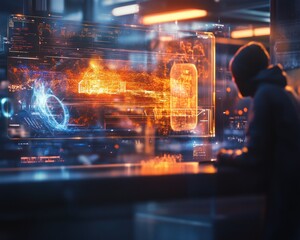 Aufkleber - Hooded figure working at a futuristic computer interface displaying a dynamic, orange energy-based 3D model.