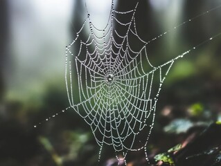 Fototapete - Dew-covered spiderweb in a misty forest.