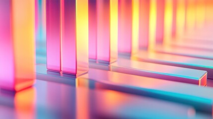Leinwandbilder - Abstract vibrant pink, orange, and yellow glowing glass rectangular columns and bars reflecting on a glossy surface.
