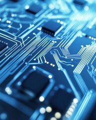 Aufkleber - Close-up of intricate blue circuit board with microchips and pathways.
