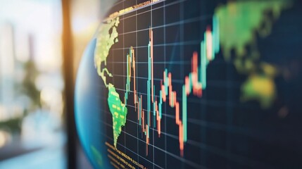 Fototapete - Global stock market data displayed on a screen showing fluctuating graphs overlaid on a world map.