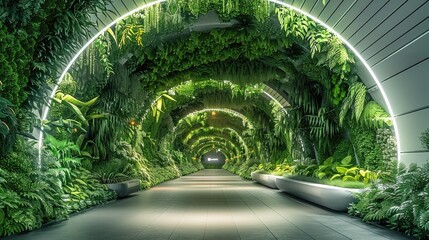 Wall Mural - Futuristic underground tunnel covered with lush green plants on the walls and ceiling, integrated vertical farming zone, natural light filtering through fiber-optic system, solar-powered LED lighting.