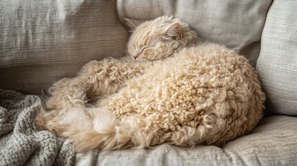 Wall Mural - Fluffy cream-colored cat curled up sleeping peacefully on a beige couch.