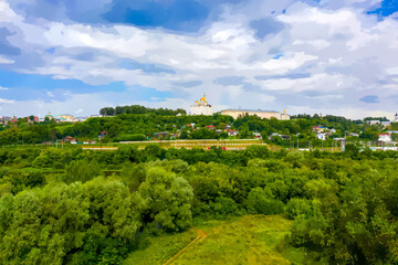 Wall Mural - Russia, Vladimir. Watercolor illustration. Dormition Cathedral in Vladimir (Assumption Cathedral) Cathedral of the Vladimir Metropolitanate of the Russian Orthodox Church. Aerial view