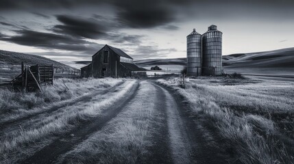 Poster - Monochrome landscape photo of a farm with barn, silos, and dirt road under dramatic sky.