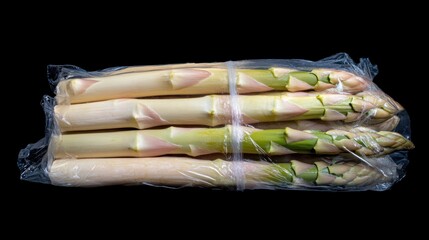 Wall Mural - Fresh white and green asparagus spears bundled in clear plastic wrap, isolated on black background.