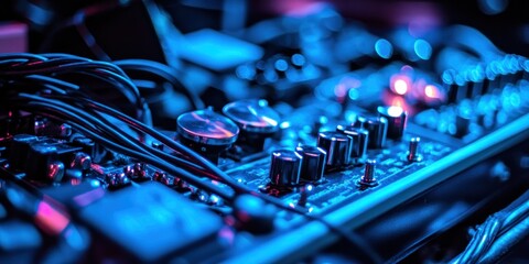 Poster - Close-up of music studio equipment with knobs and cables under blue light.