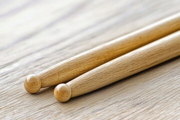 Aufkleber - Close-up of a pair of wooden drumsticks on a light wood surface.
