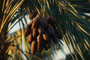 Sticker - Close-up of ripe dates hanging on a palm tree branch, illuminated by warm sunlight.