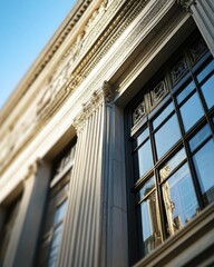 Poster - Close-up of a classical building's facade, showcasing ornate columns, detailed stonework, and large windows reflecting the sky.