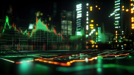 Poster - Futuristic cityscape at night with overlaid financial data graphs.