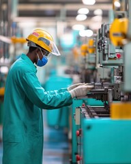 Aufkleber - A factory worker in protective gear operates a machine.