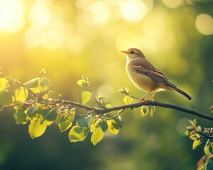 Aufkleber - Small bird perched on a branch at sunset, bathed in golden light.
