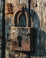 Poster - Rusty padlock on old weathered wooden door.