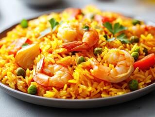 Poster - Saffron rice with shrimp, peas, and tomatoes.